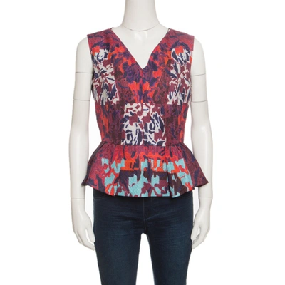 Pre-owned Peter Pilotto Multicolor Textured Water Orchid Print Cloque Peplum Top M