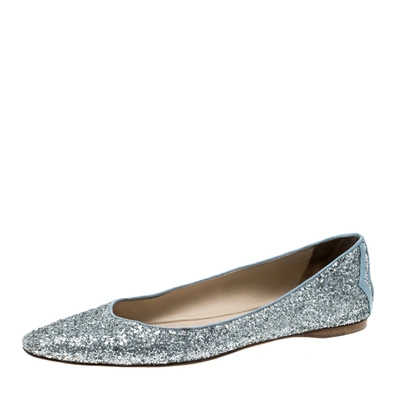 Pre-owned Bottega Veneta Metallic Silver Glitter Intrecciato Leather Trim Pointed Toe Ballet Flats Size 39