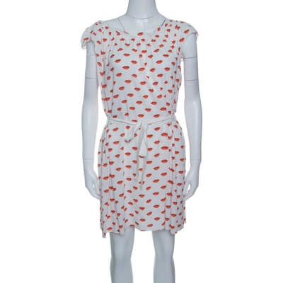 Pre-owned Prada White And Red Lip Print Pleated Waist Tie Detail Dress S