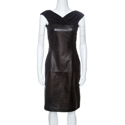 Pre-owned Alberta Ferretti Black Sheep Leather Panel Ruched Sleeveless Dress S