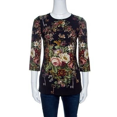 Pre-owned Dolce & Gabbana Black Key And Floral Print Long Sleeve Top S
