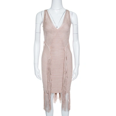 Pre-owned Herve Leger Beige Fringed Sleeveless Bandage Dress S