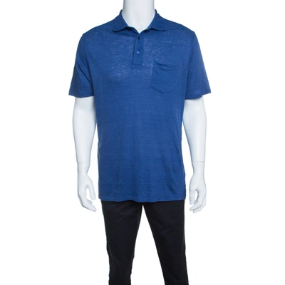 Pre-owned Ermenegildo Zegna Blue Slub Linen Short Sleeve Polo T-shirt L