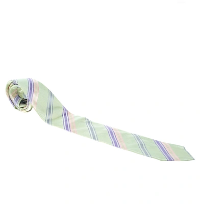 Pre-owned Giorgio Armani Green Contrast Diagonal Striped Traditional Silk Tie