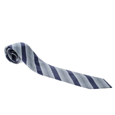 Pre-owned Giorgio Armani Navy Blue And Grey Diagonal Striped Traditional Silk Tie