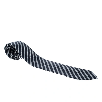 Pre-owned Emporio Armani Navy Blue And Grey Striped Silk Tie