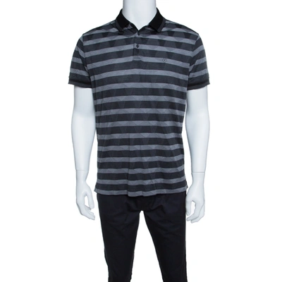 Pre-owned Z Zegna Grey Striped Knit Geometric Pattern Short Sleeve Polo T-shirt L