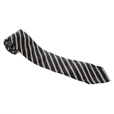 Pre-owned Ermenegildo Zegna Black Diagonal Striped Silk Jacquard Traditional Tie