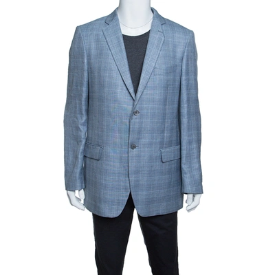 Pre-owned Balmain Blue Checkered Wool And Linen Slim Fit Soft Shoulder Blazer Xxl