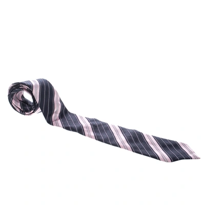 Pre-owned Ermenegildo Zegna Navy Blue And Pink Diagonal Striped Silk Jacquard Traditional Tie