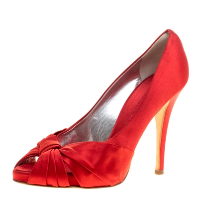 Pre-owned Giuseppe Zanotti Red Satin Criss Cross Peep Toe Pumps Size 38