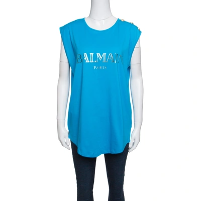 Pre-owned Balmain Blue Cotton Shoulder Logo Button Detail Sleeveless T-shirt L