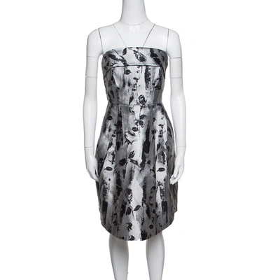 Pre-owned Ch Carolina Herrera Silver And Black Floral Jacquard Strapless Dress S