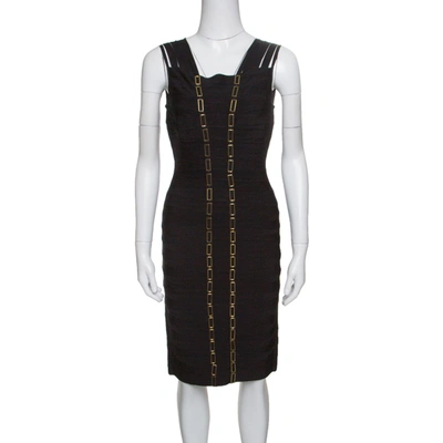 Pre-owned Herve Leger Black Metal Chain Link Detail Bandage Gemma Dress M