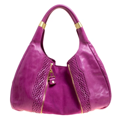 Pre-owned Jimmy Choo Hot Pink Perforated Leather And Suede Mandah Hobo