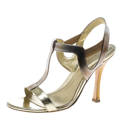 Pre-owned Sergio Rossi Gold Leather T Strap Sandals Size 37