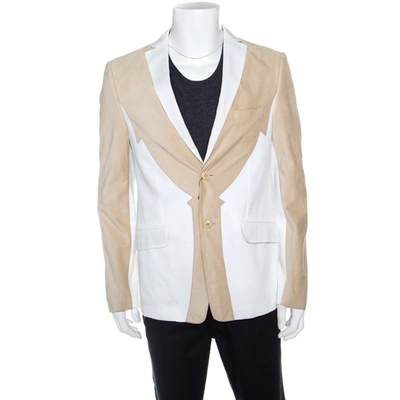 Pre-owned Etro Beige And White Faux Suede Patch Detail Two Button Blazer Xl