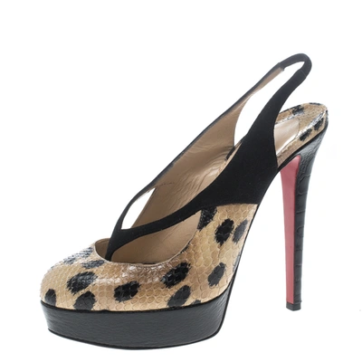 Pre-owned Christian Louboutin Beige Animal Print Python And Black Suede Stringita Platform Slingback Sandals Size 38