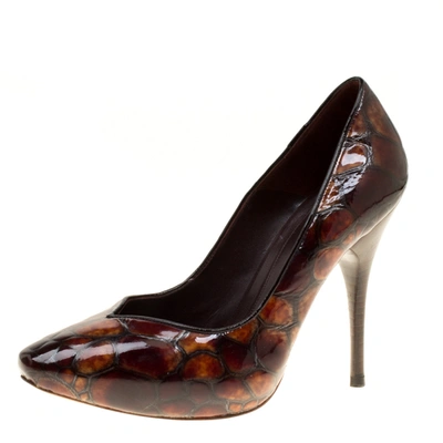 Pre-owned Alexander Mcqueen Two Tone Brown Tortoise Shell Embossed Patent Leather Pumps Size 37