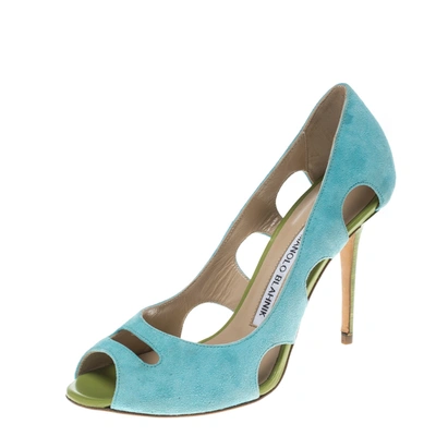 Pre-owned Manolo Blahnik Aqua Green Suede Cutout Peep Toe Pumps Size 35.5