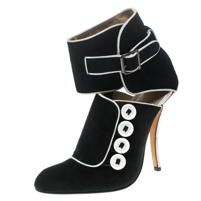 Pre-owned Manolo Blahnik Black/white Suede And Fabric Rapacina Button Detail Booties Size 35.5