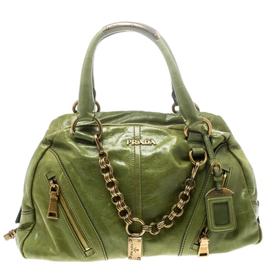 Pre-owned Prada Green Vitello Shine Leather Chain Link Bowler Bag