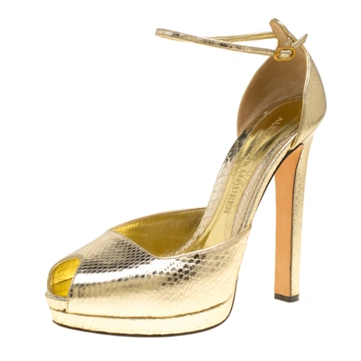 Pre-owned Alexander Mcqueen Metallic Embossed Python Leather Peep Toe Ankle Strap Platform Sandals Size 40