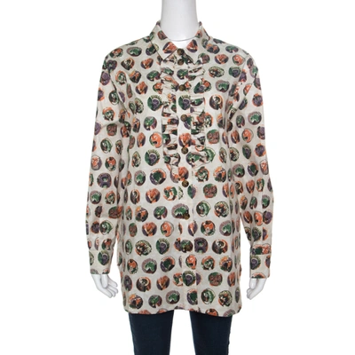 Pre-owned Burberry Beige Monster Mask Print Ruffle Detail Shirt L