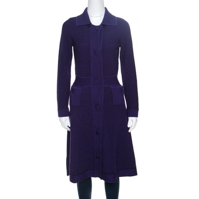 Pre-owned Dior Purple And Black Chunky Knit Button Front Wool Coat M