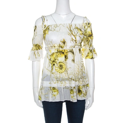 Pre-owned Roberto Cavalli White And Yellow Floral Printed Cotton Off Shoulder Blouse M