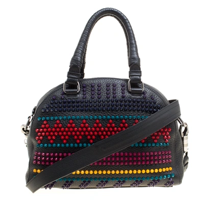 Pre-owned Christian Louboutin Black/multicolor Leather Spike Studded Bowler Bag