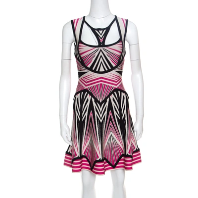 Pre-owned Herve Leger Aztec Pattern Jacquard Knit Cutout Detail A Line Anaya Dress Xxs In Pink