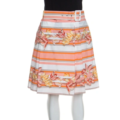Pre-owned Ferragamo Multicolor Printed Cotton Belted Pleated Skirt S