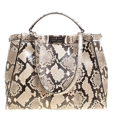 Pre-owned Fendi Beige Python With Suede And Python Lining Large Peekaboo Top Handle Bag