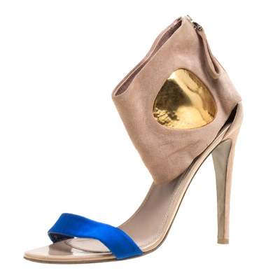 Pre-owned Sergio Rossi Beige Suede And Blue Satin Ankle Cuff Open Toe Sandals Size 39.5