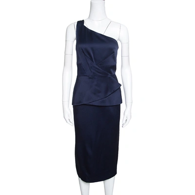 Pre-owned Roland Mouret Navy Blue Satin Half Peplum Anerley One Shoulder Dress L