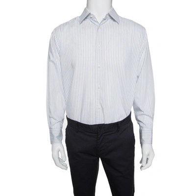Pre-owned Ermenegildo Zegna Light Blue And Brown Striped Cotton Regular Fit Shirt L