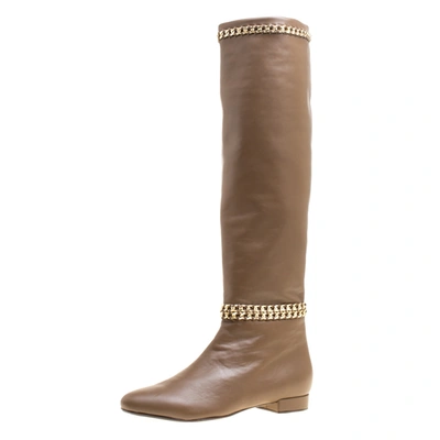 Pre-owned Le Silla Brown Leather Chain Detail Knee High Boots Size 38