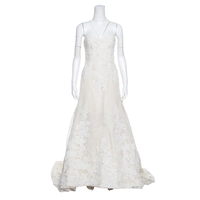 Pre-owned Vera Wang Luxe Cream Floral Lace Applique Embellished High Low Wedding Gown M