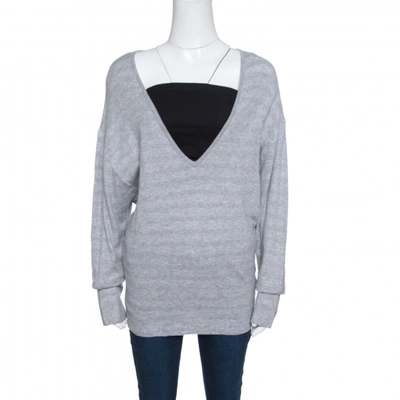 Pre-owned Chanel Grey Cotton Knit V-neck Sweater M