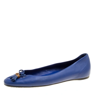 Pre-owned Gucci Blue Leather Bamboo Bow Ballet Flats Size 38.5
