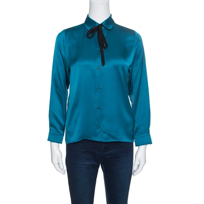 Pre-owned Gucci Peacock Blue Silk Satin Ribbon Tie Detail Long Sleeve Shirt S