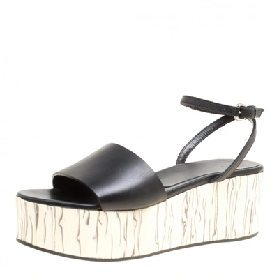 Pre-owned Mcq By Alexander Mcqueen Black Leather Wooden Platform Ankle Wrap Sandals Size 38