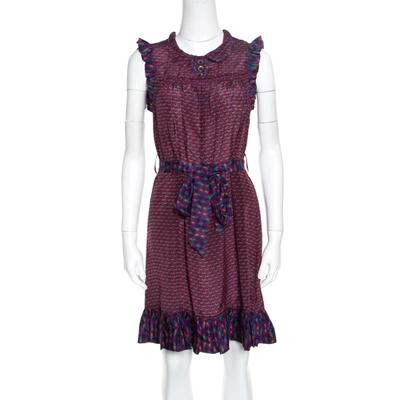 Pre-owned Marc By Marc Jacobs Multicolor Printed Silk Ruffled Trim Belted Dress Xs