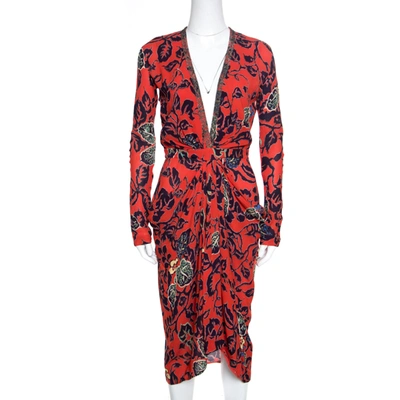Pre-owned Etro Red Floral Print Embellished Plunge Neck Detail Draped Midi Dress S
