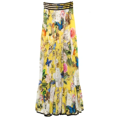 Pre-owned Roberto Cavalli Yellow Wonderland Printed Silk Flounce Bottom Maxi Skirt S