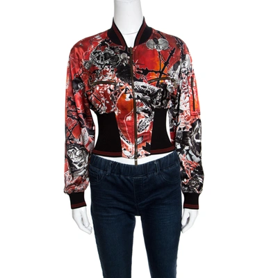 Pre-owned Roberto Cavalli Red Floral And Snake Printed Satin Bomber Jacket S