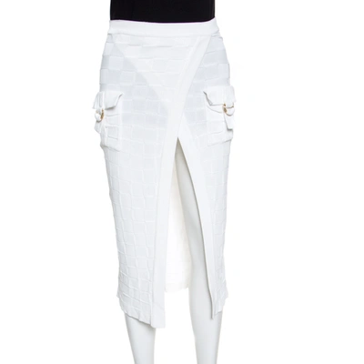 Pre-owned Balmain White Checkered Knit Patch Pocket Detail Faux Wrap Skirt S