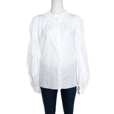 Pre-owned Alexander Mcqueen White Ruffled Gathered Trim Detail Long Sleeve Blouse M