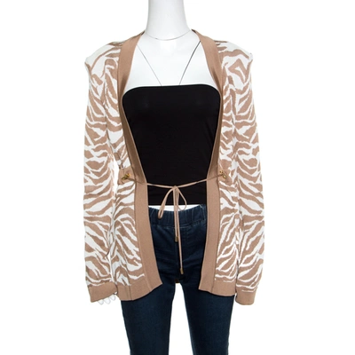 Pre-owned Balmain Brown And White Zebra Pattern Jacquard Knit Drawstring Detail Jacket S